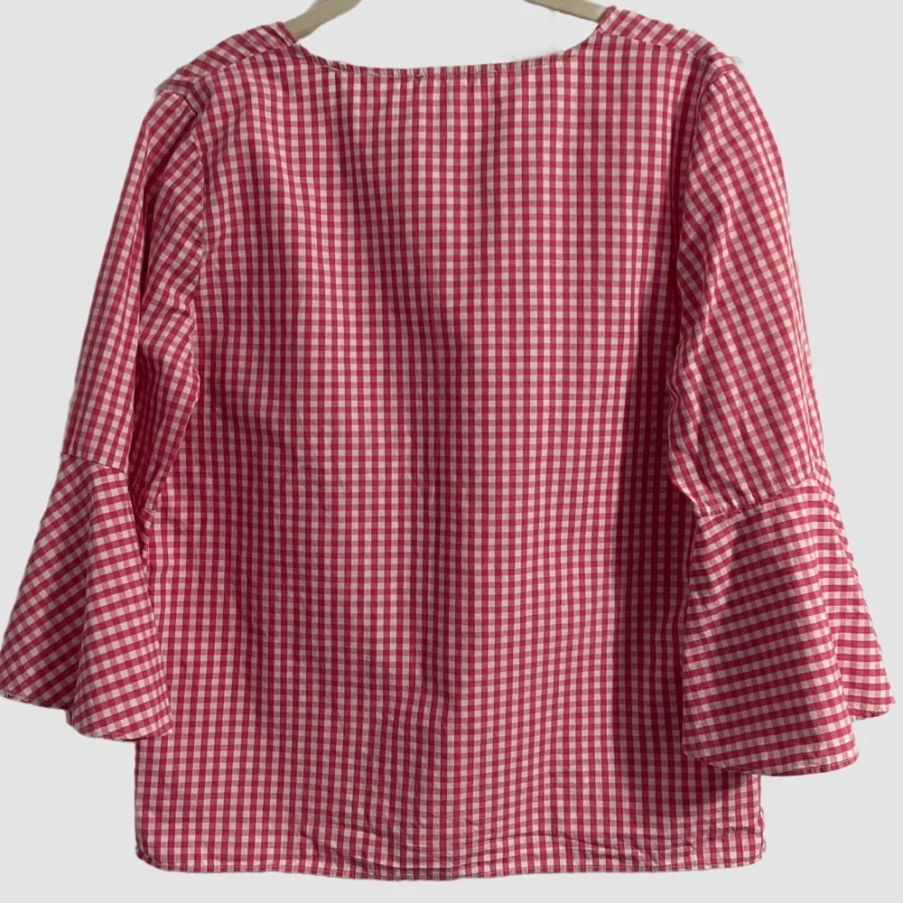 Jane and Delancey Pink Checked V-Neck Blouse Top 3/4 Bell‎ Sleeves Size Medium - Picture 3 of 6